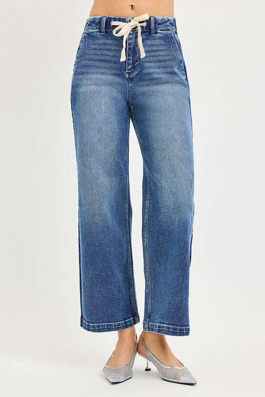 RISEN - Elastic Band High Rise Cropped Wide Jeans