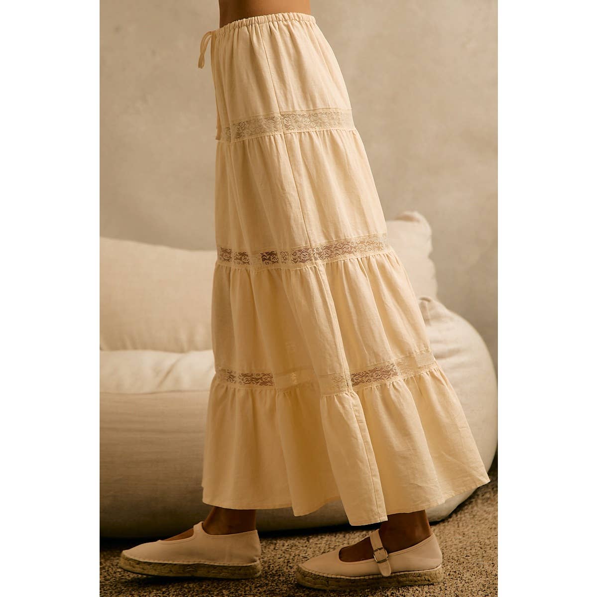 Ivory Lace-Trim Tiered Maxi Skirt