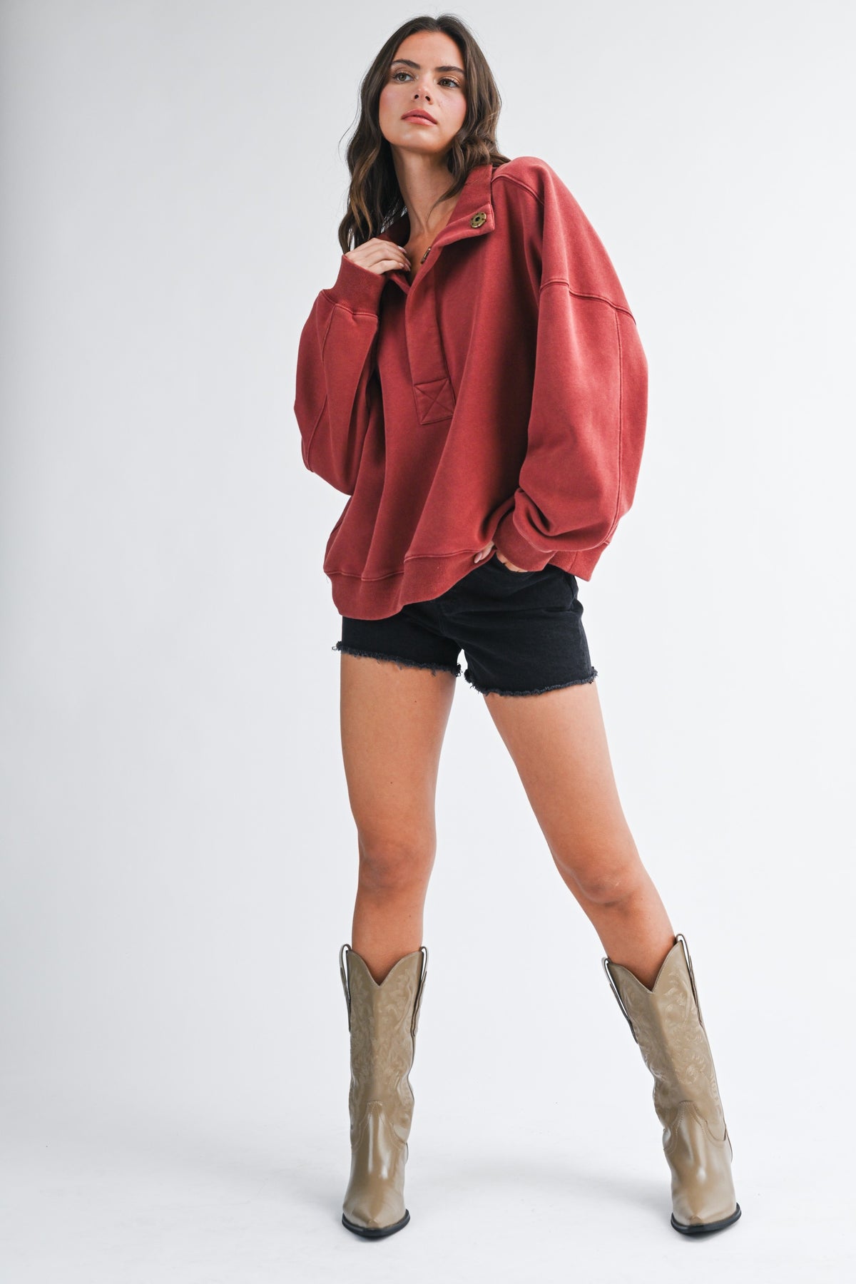 Aemi & Co Oversized Snap Neck Pullover Sweatshirt Multiple Colors