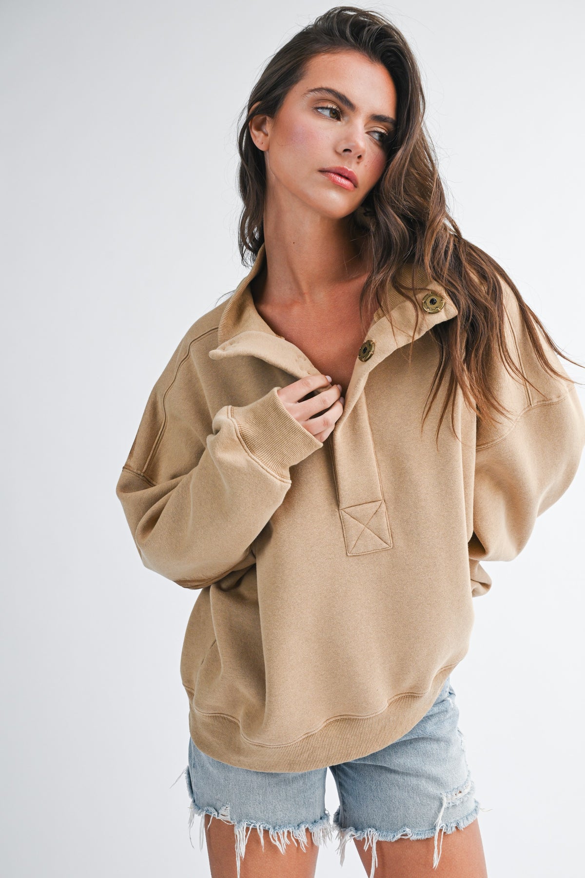Aemi & Co Oversized Snap Neck Pullover Sweatshirt Multiple Colors