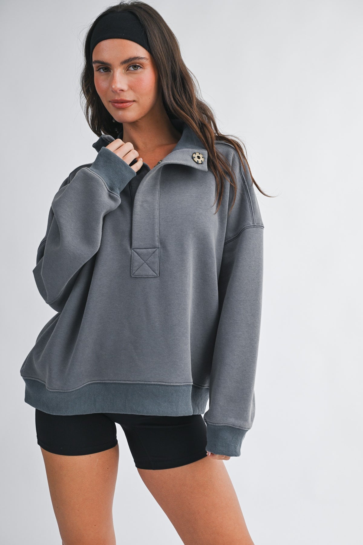 Aemi & Co Oversized Snap Neck Pullover Sweatshirt Multiple Colors