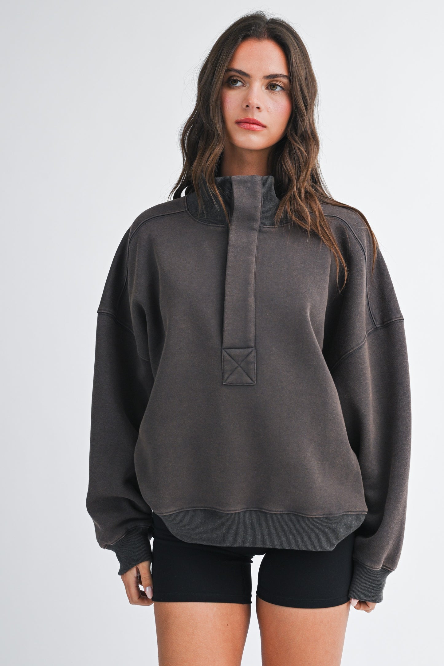 Aemi & Co Oversized Snap Neck Pullover Sweatshirt Multiple Colors