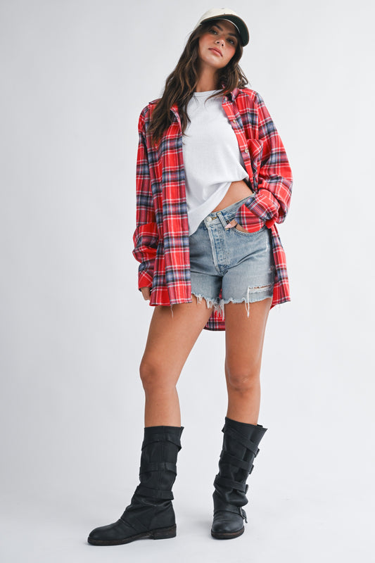 Aemi & Co Oversized Plaid Button-Down 100% Cotton Shirt Multiple Colors