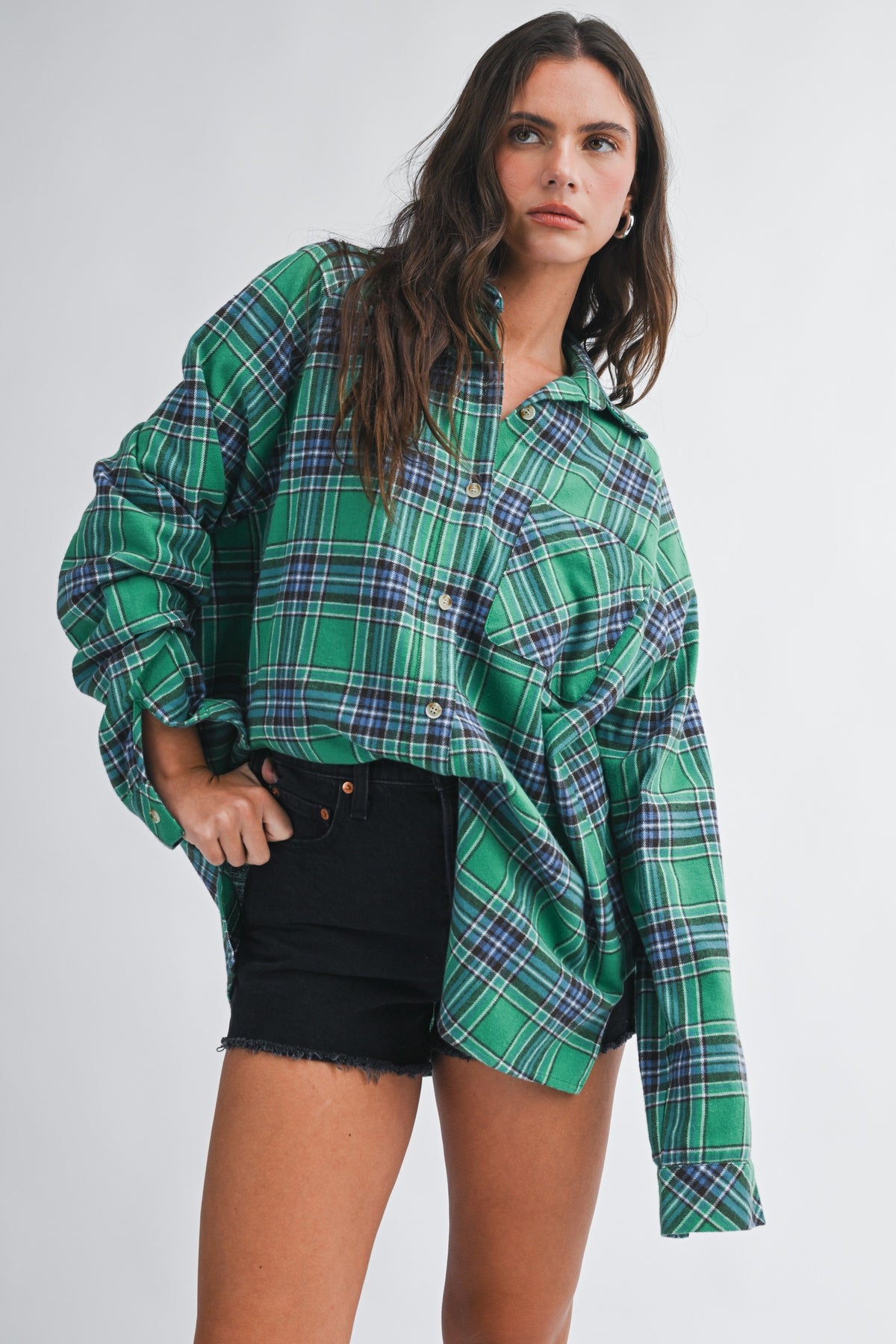 Aemi & Co Oversized Plaid Button-Down 100% Cotton Shirt Multiple Colors