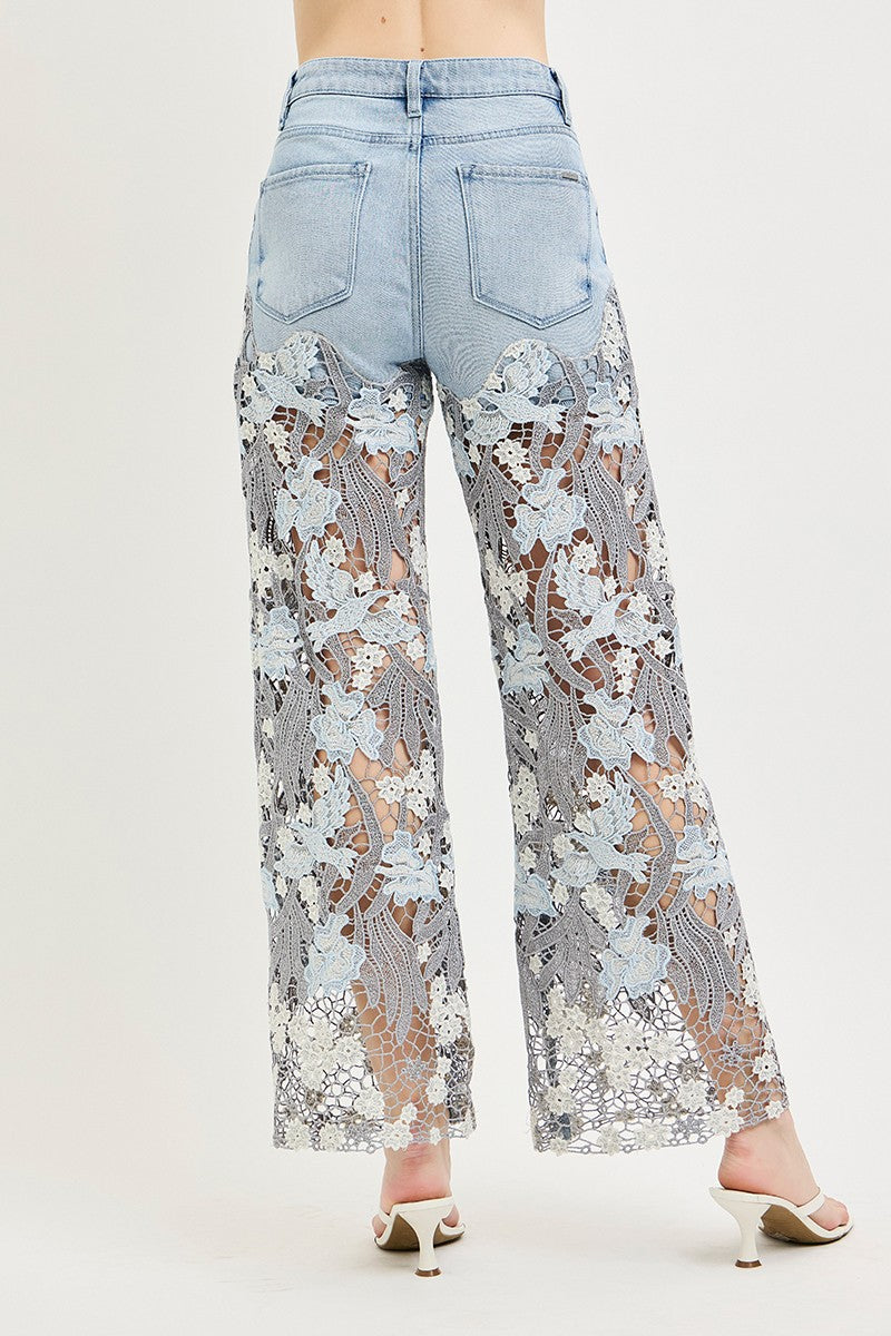 RISEN JEANS - High Rise Wide Leg Lace Up Leg Trim Jeans - 926 West