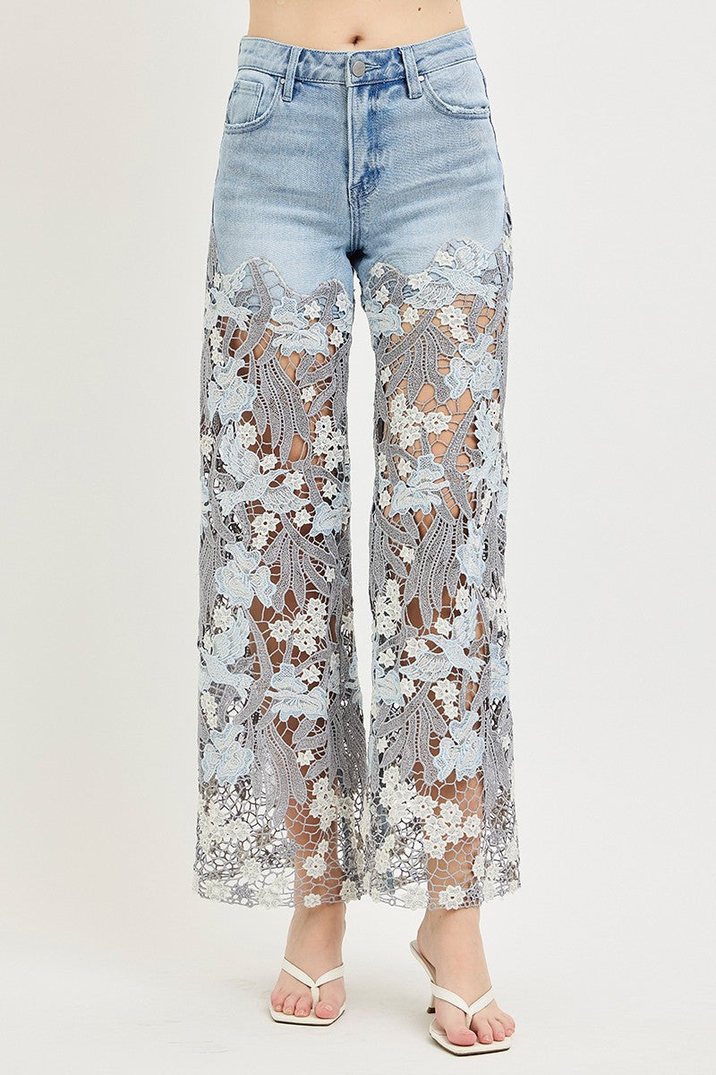 RISEN JEANS - High Rise Wide Leg Lace Up Leg Trim Jeans - 926 West