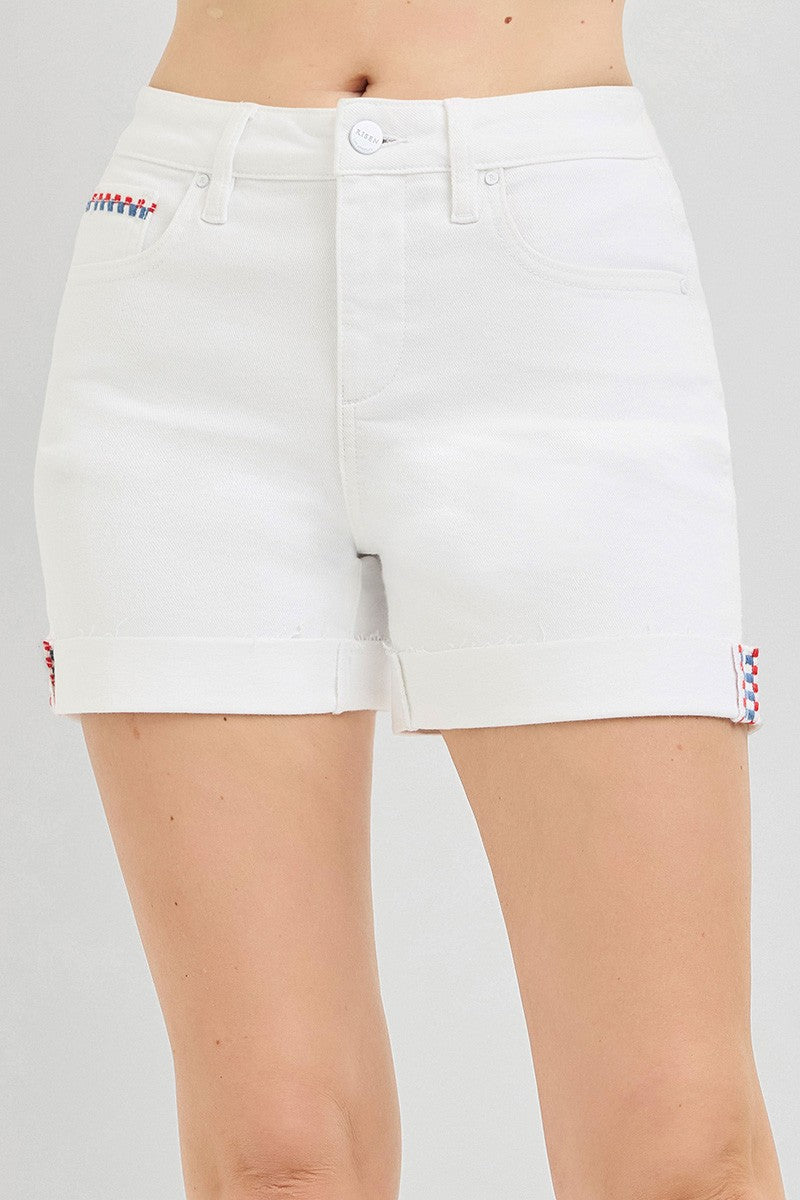 Risen - Tummy Control High Rise Cuffed Shorts Embroidered Details - 926 West