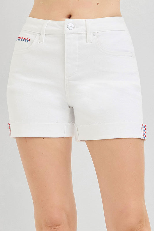 Risen - Tummy Control High Rise Cuffed Shorts Embroidered Details - 926 West