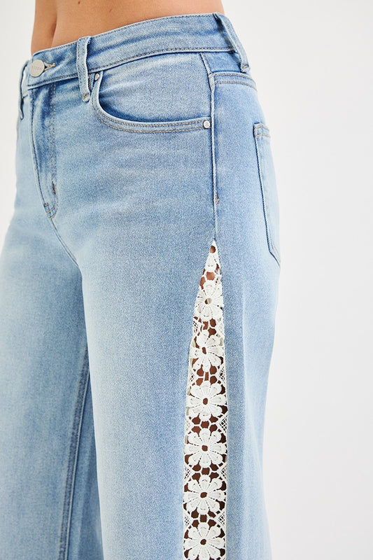 Risen -High Rise Crop Wide Flower Lace Jeans