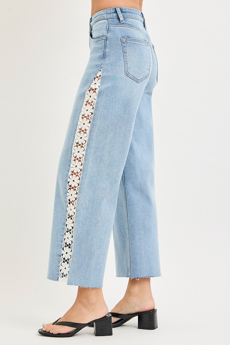Risen -High Rise Crop Wide Flower Lace Jeans