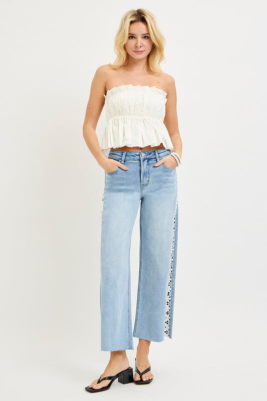 Risen -High Rise Crop Wide Flower Lace Jeans