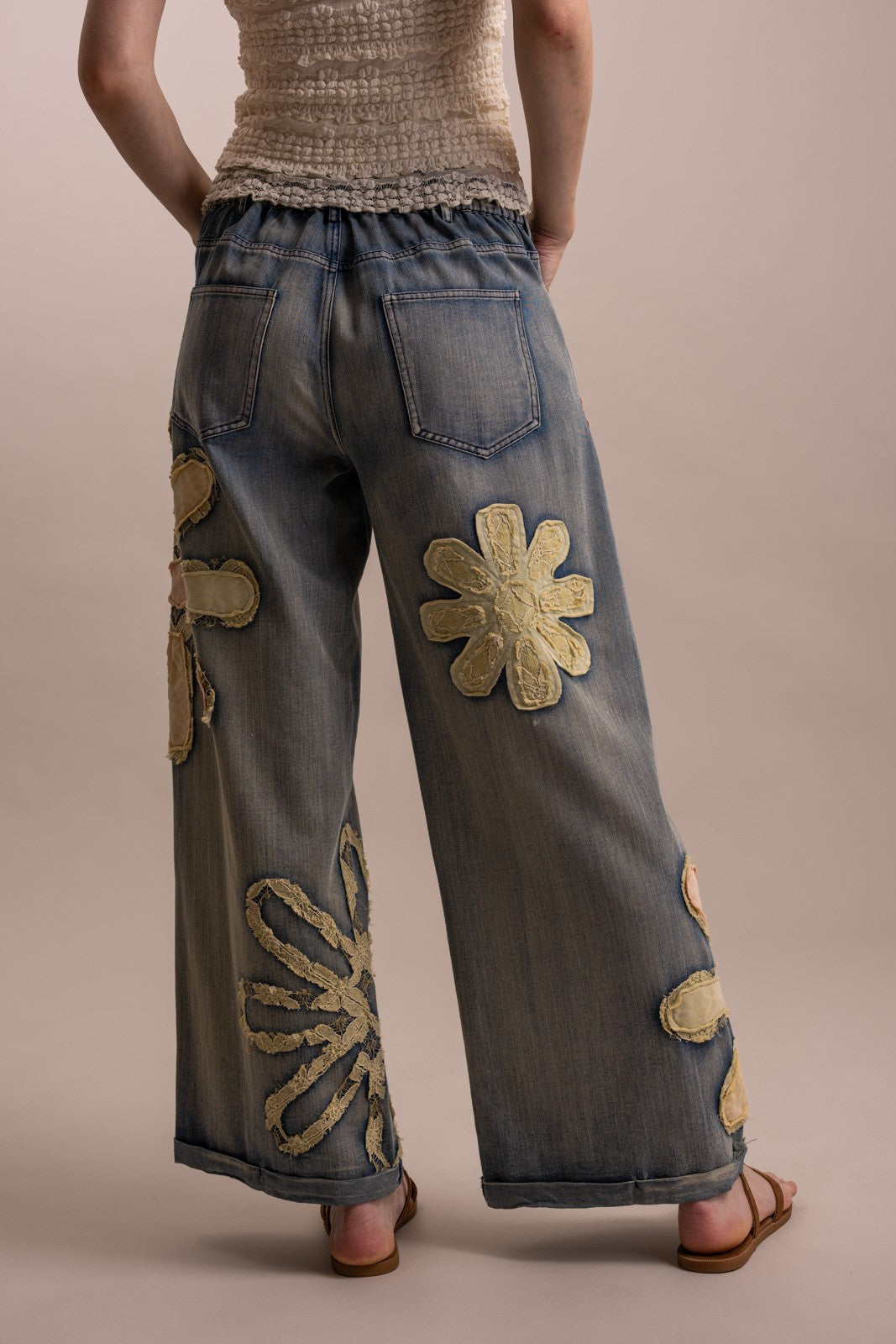 Flower Patchwork Wide Leg Denim Pants
