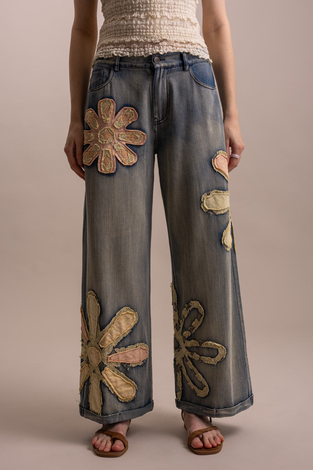 Flower Patchwork Wide Leg Denim Pants