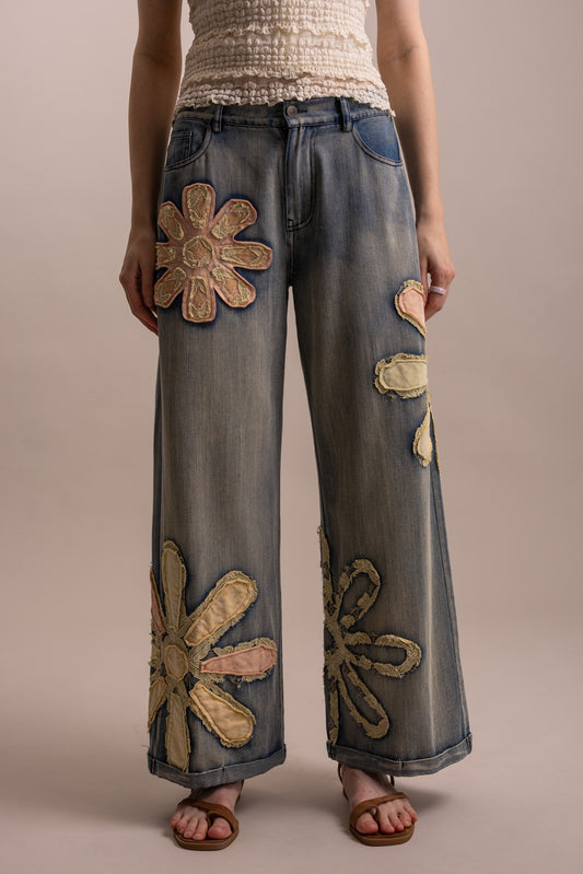 Flower Patchwork Wide Leg Denim Pants