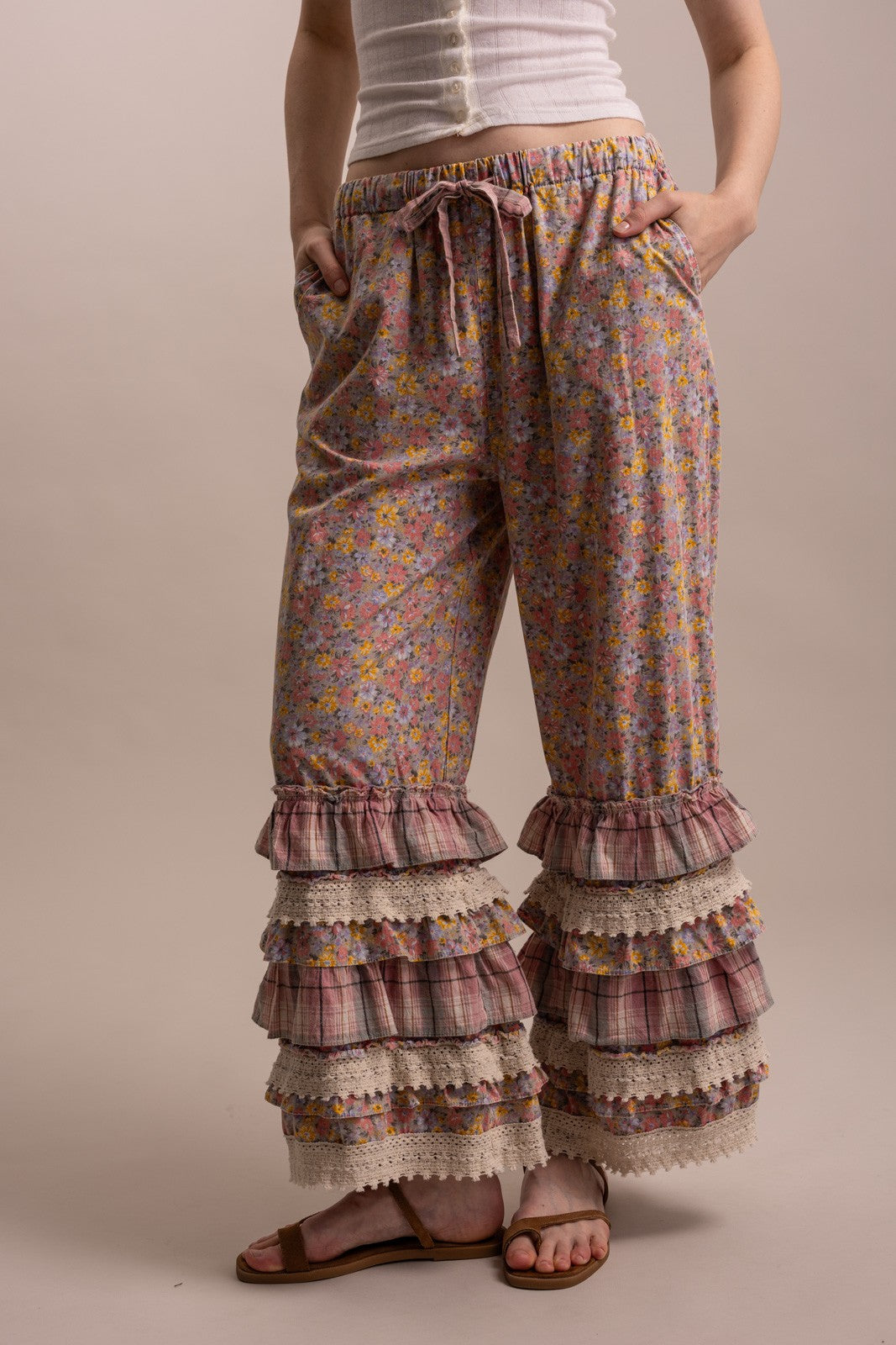 Flower Print Ruffle Layered Hem Pants