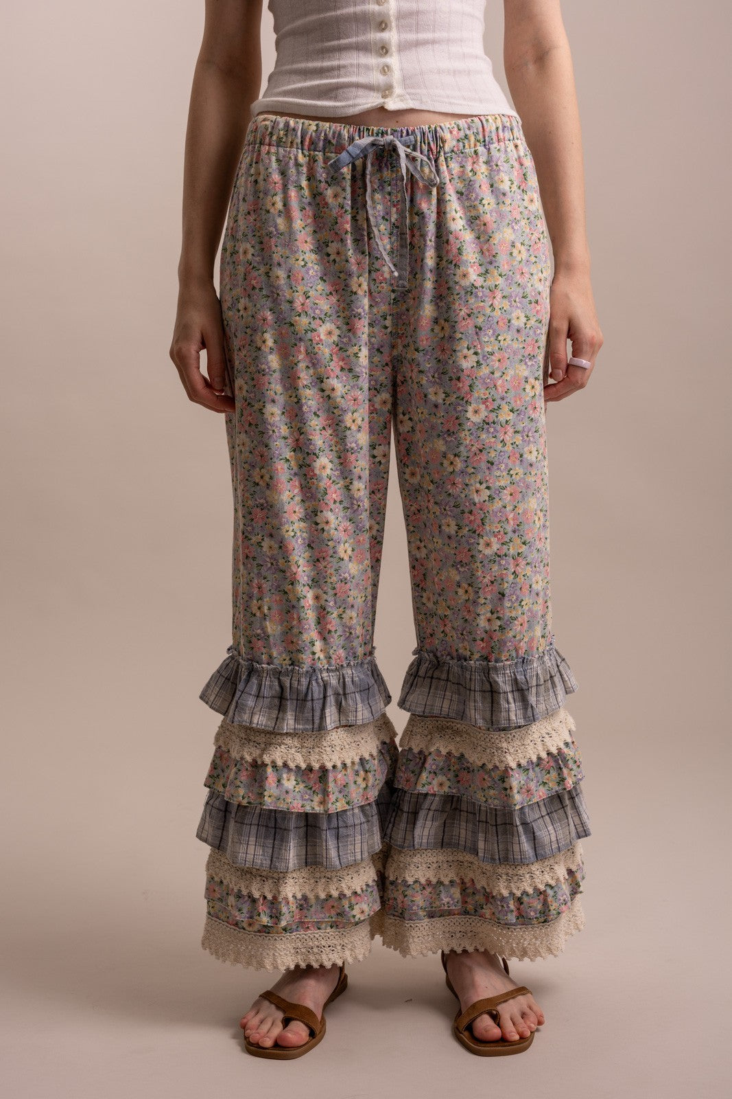 Bluevelet Flower Print Ruffle Layered Hem Pants