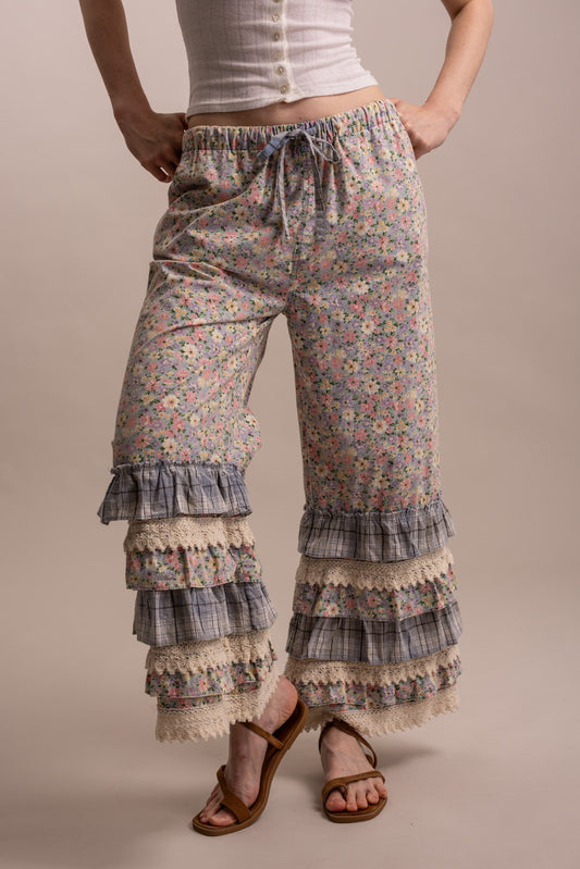 Bluevelet Flower Print Ruffle Layered Hem Pants
