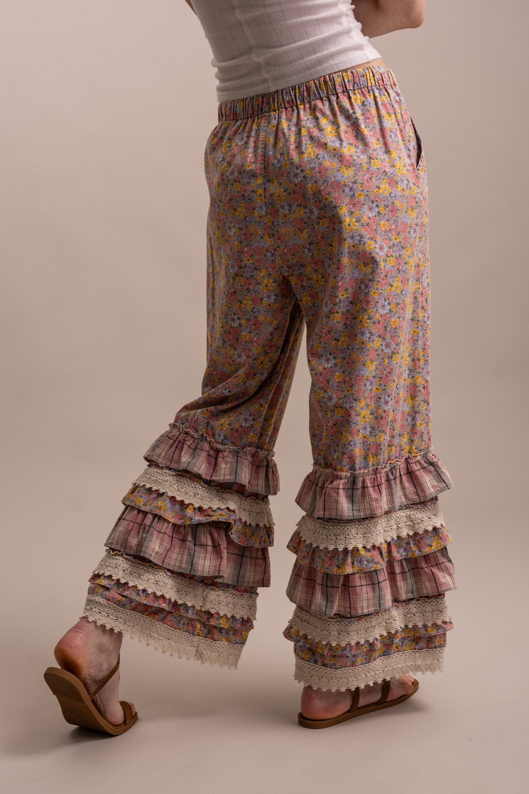 Flower Print Ruffle Layered Hem Pants