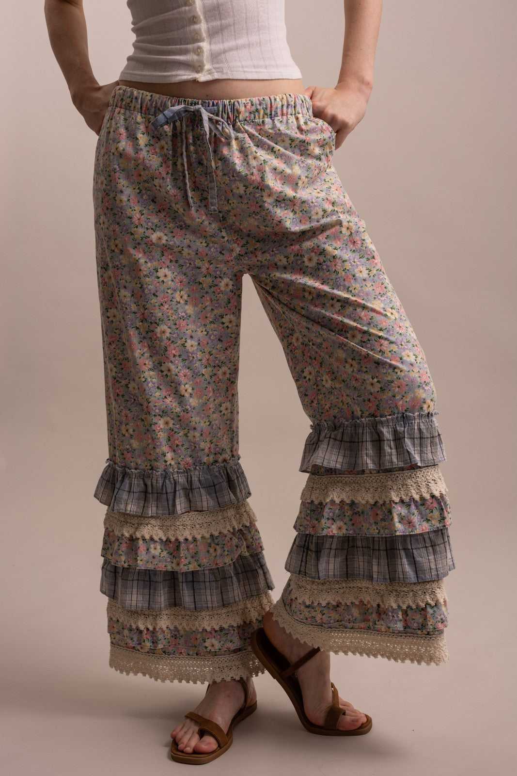Bluevelet Flower Print Ruffle Layered Hem Pants