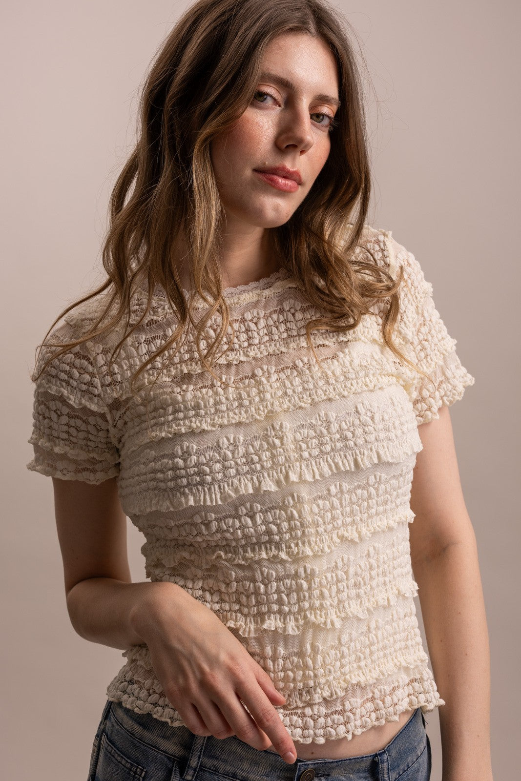 Short Sleeve Fitted Lined Lace Top | Stretchy Crew Neck Tee