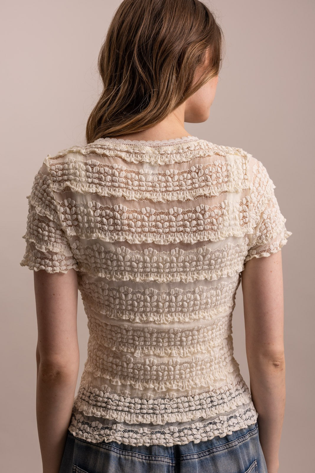 Short Sleeve Fitted Lined Lace Top | Stretchy Crew Neck Tee