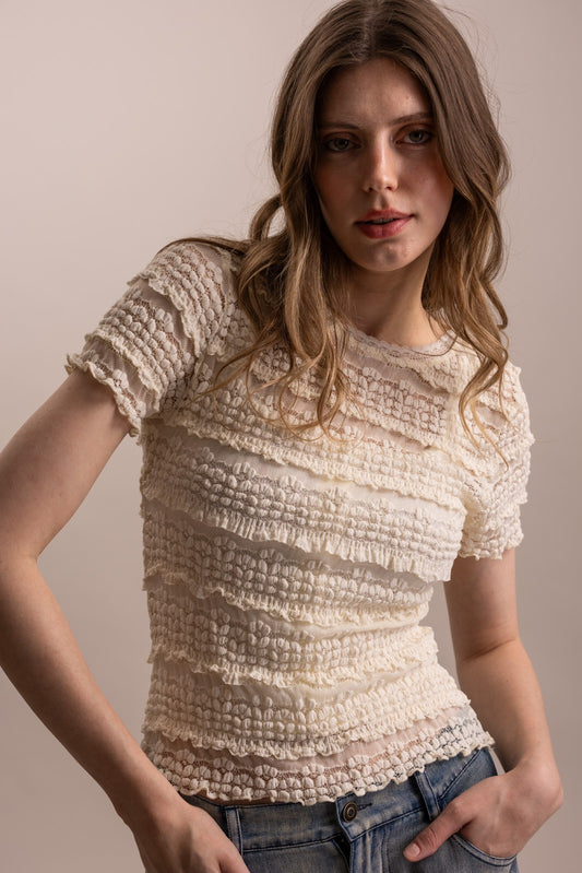 Short Sleeve Fitted Lined Lace Top | Stretchy Crew Neck Tee