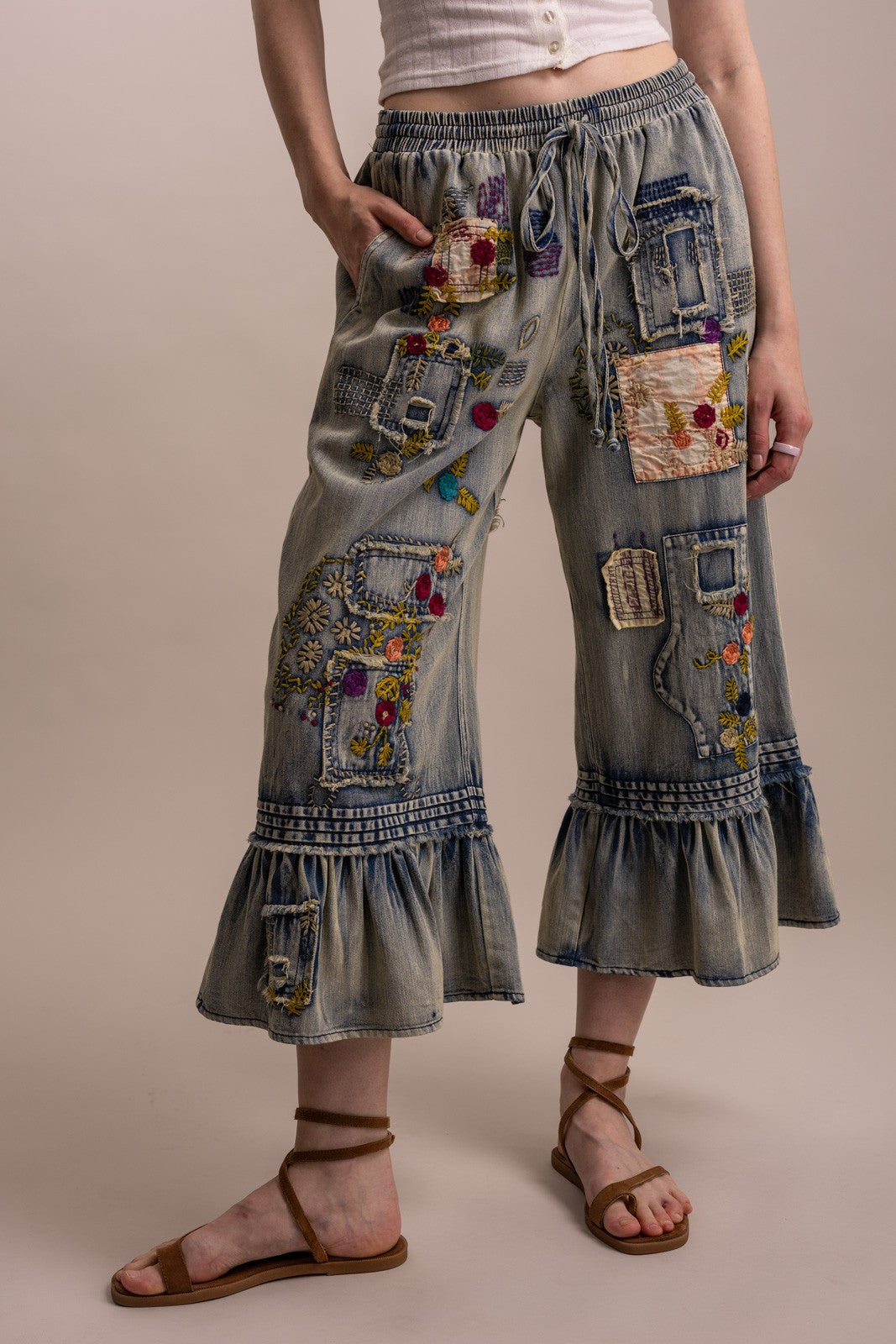 Bluevelvet - Patchwork Waist Ruffle Hem Pant