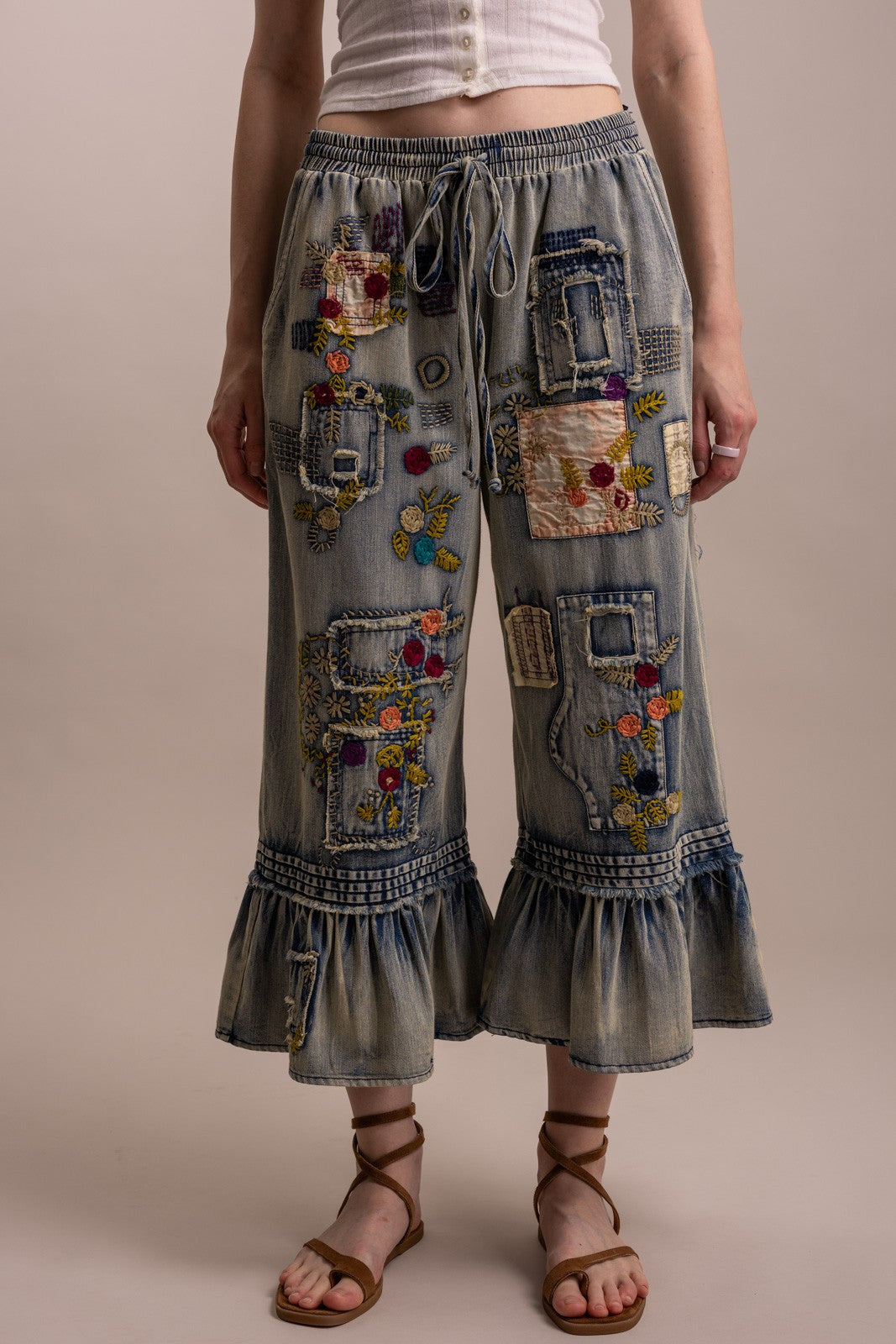 Bluevelvet - Patchwork Waist Ruffle Hem Pant