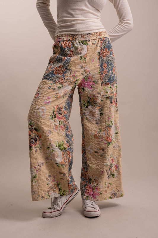 Wide Leg Kantha Patchwork Floral Mix Pants