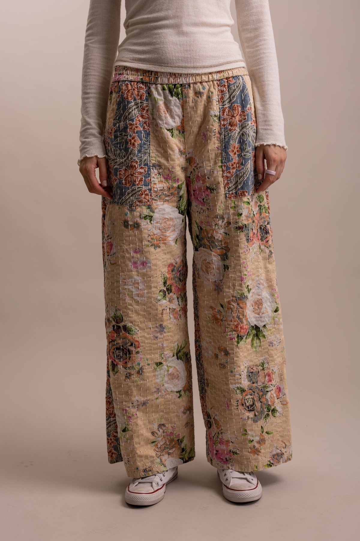 Wide Leg Kantha Patchwork Floral Mix Pants