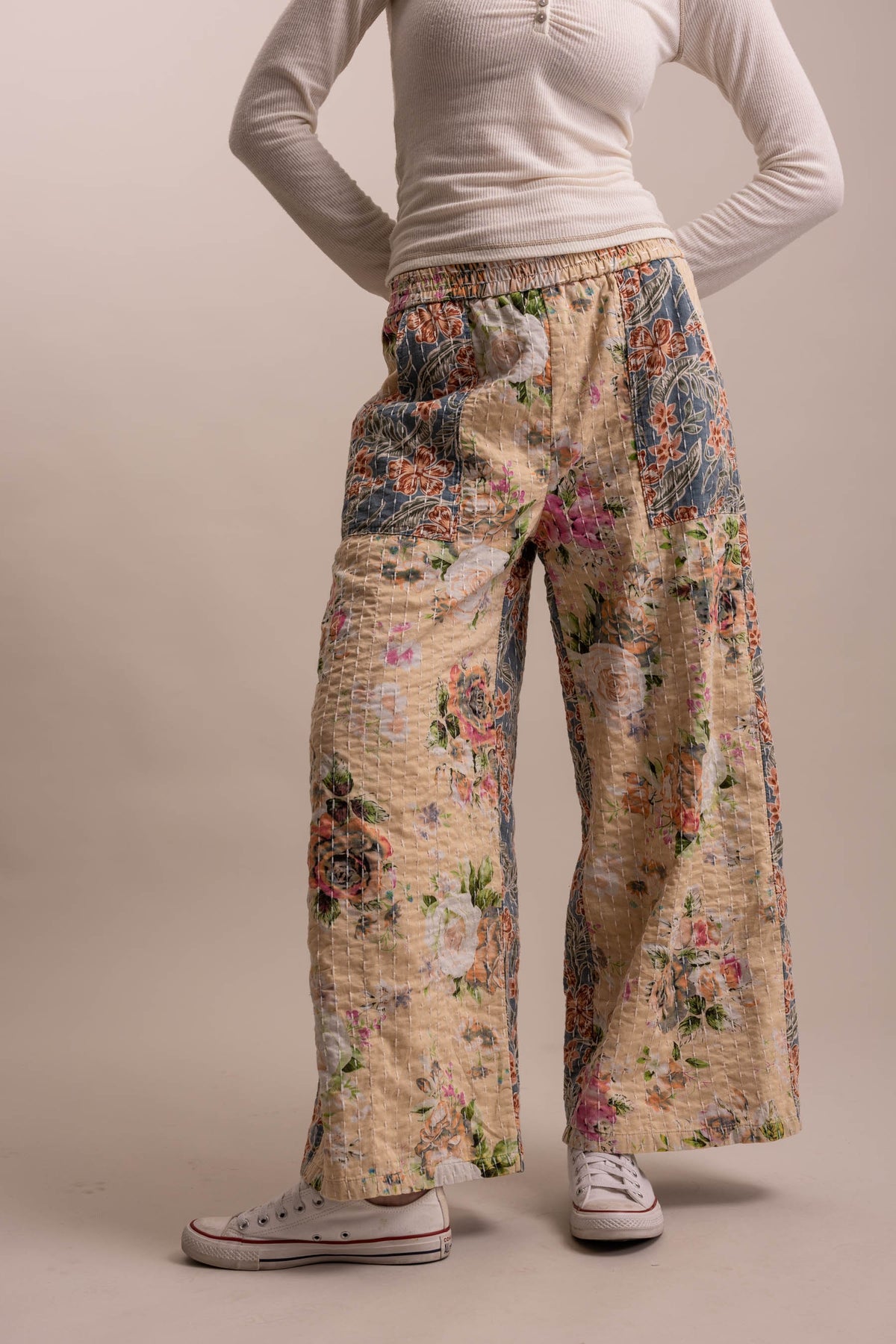 Wide Leg Kantha Patchwork Floral Mix Pants