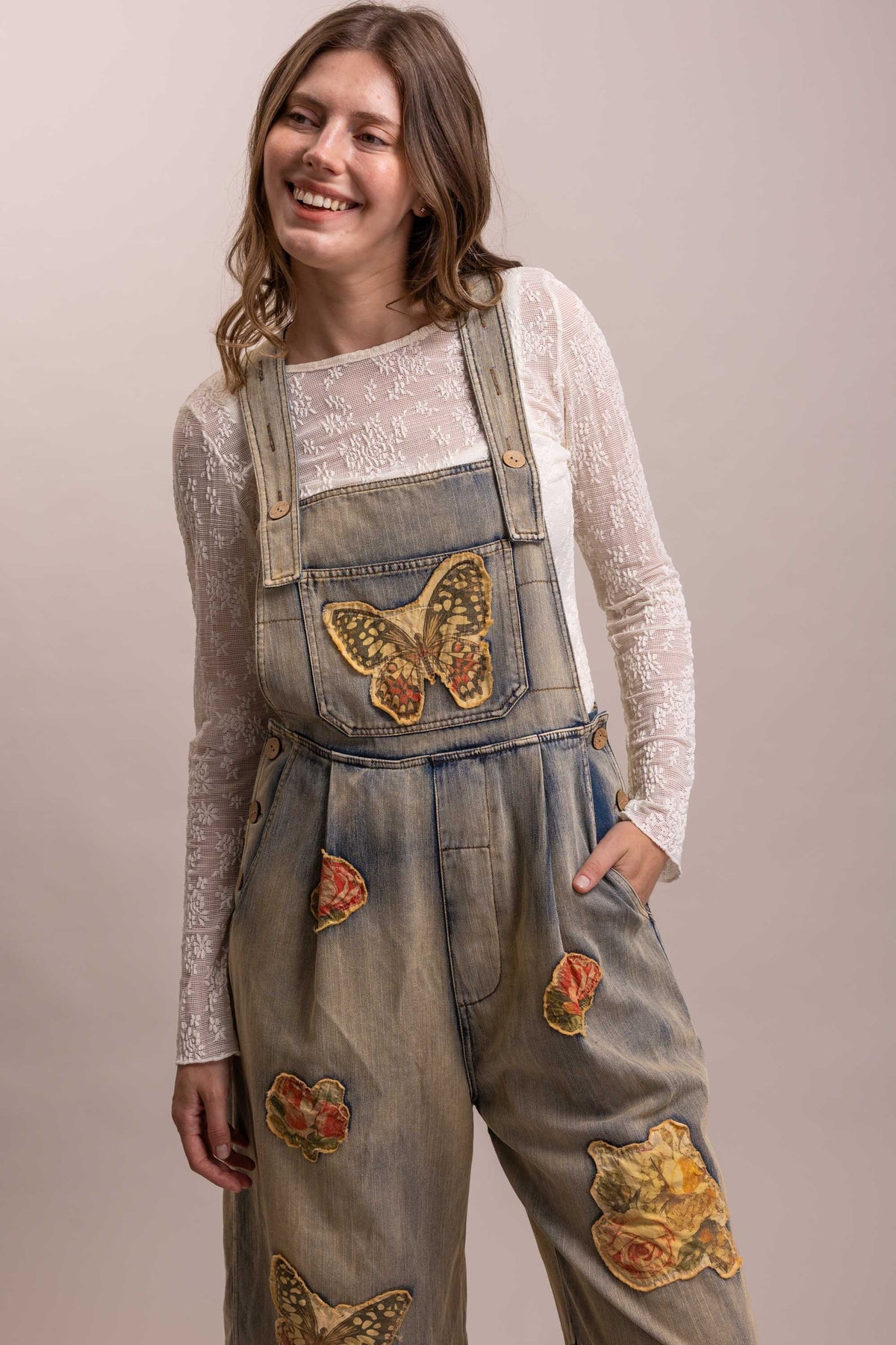 Butterfly Patchwork Wideleg Denim Overalls