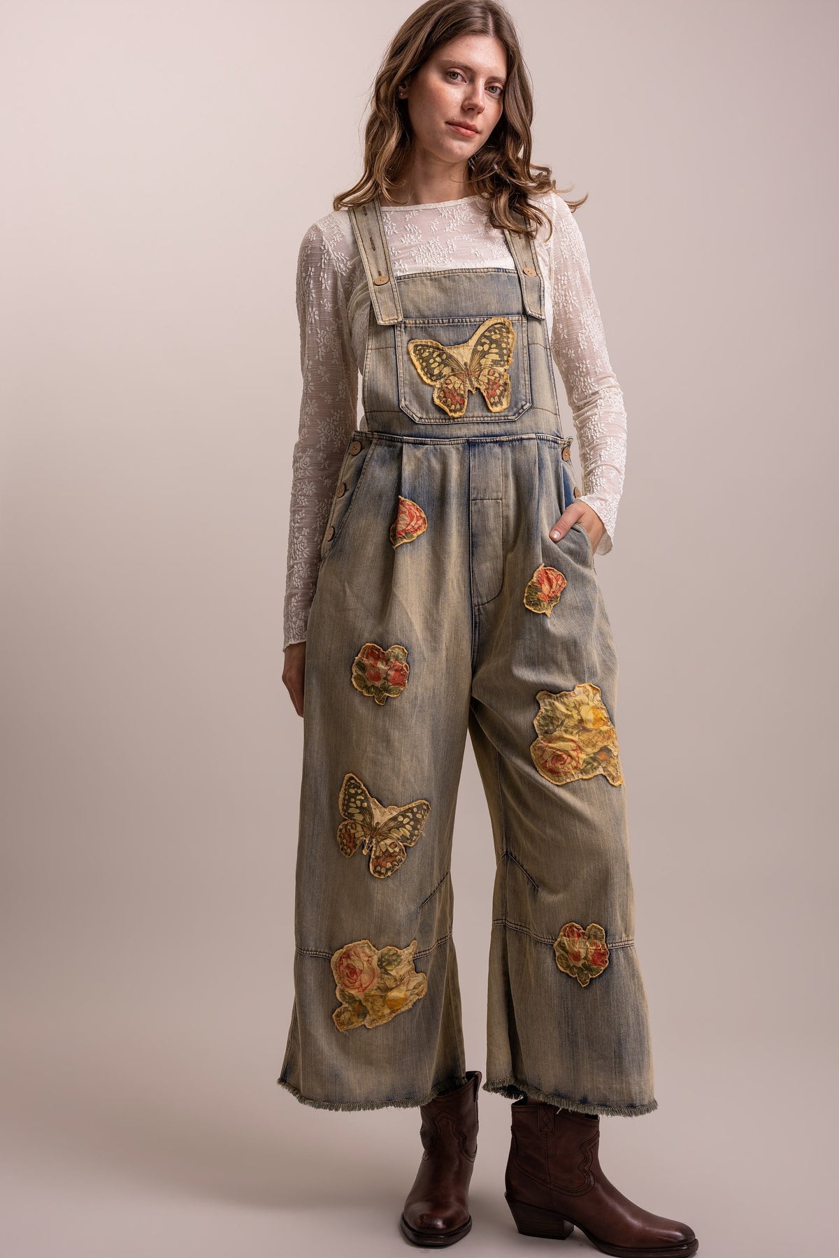 Butterfly Patchwork Wideleg Denim Overalls
