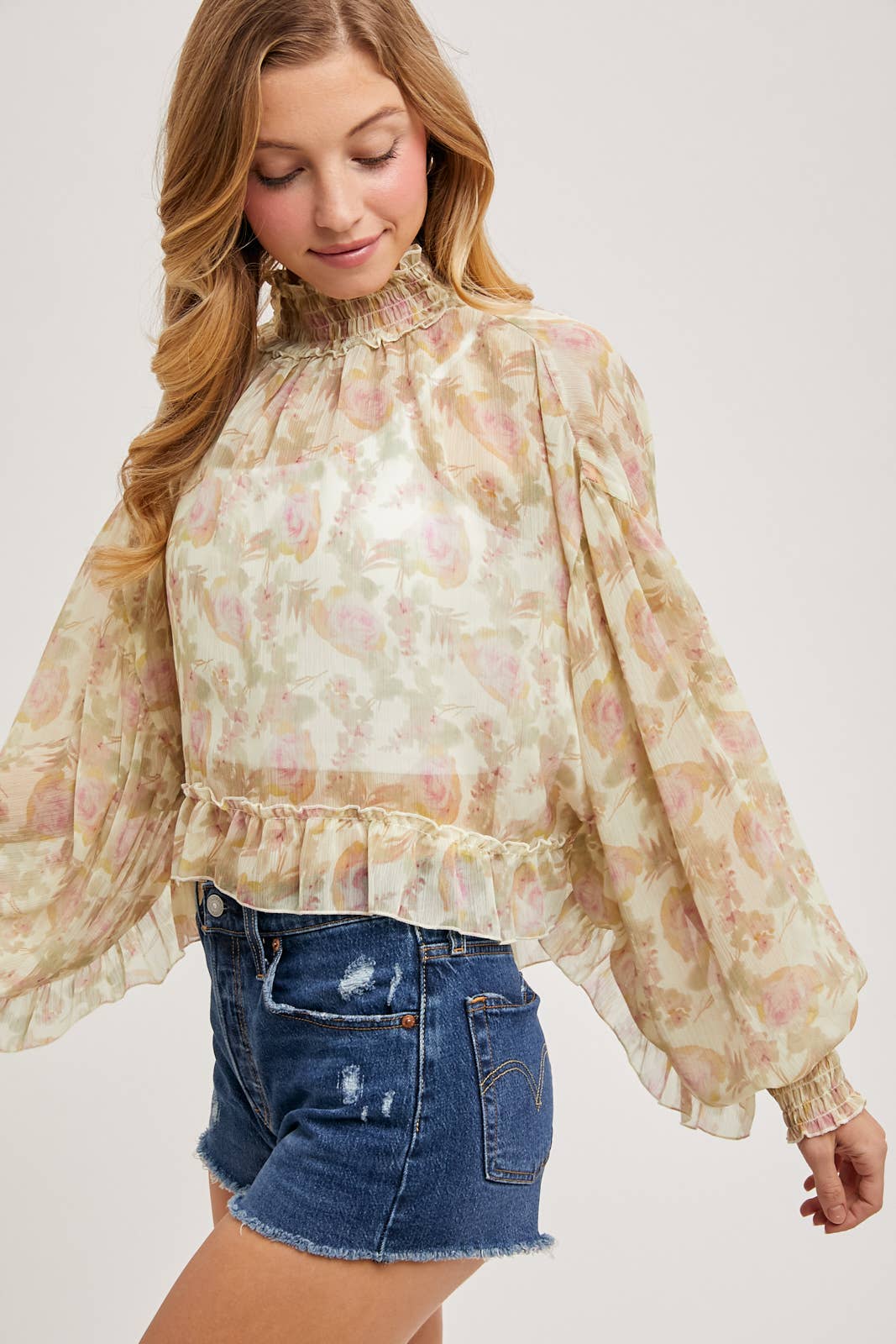 FLORAL PRINT RUFFLED MOCK NECK DOLMAN SLEEVE CHIFFON TOP Bluivy