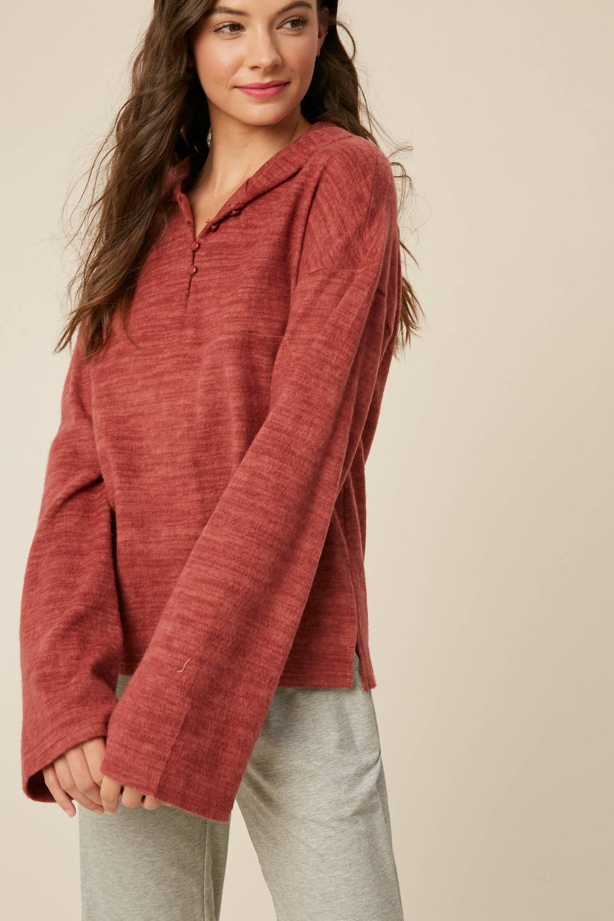 Plum Brushed Knit Henley Hoodie