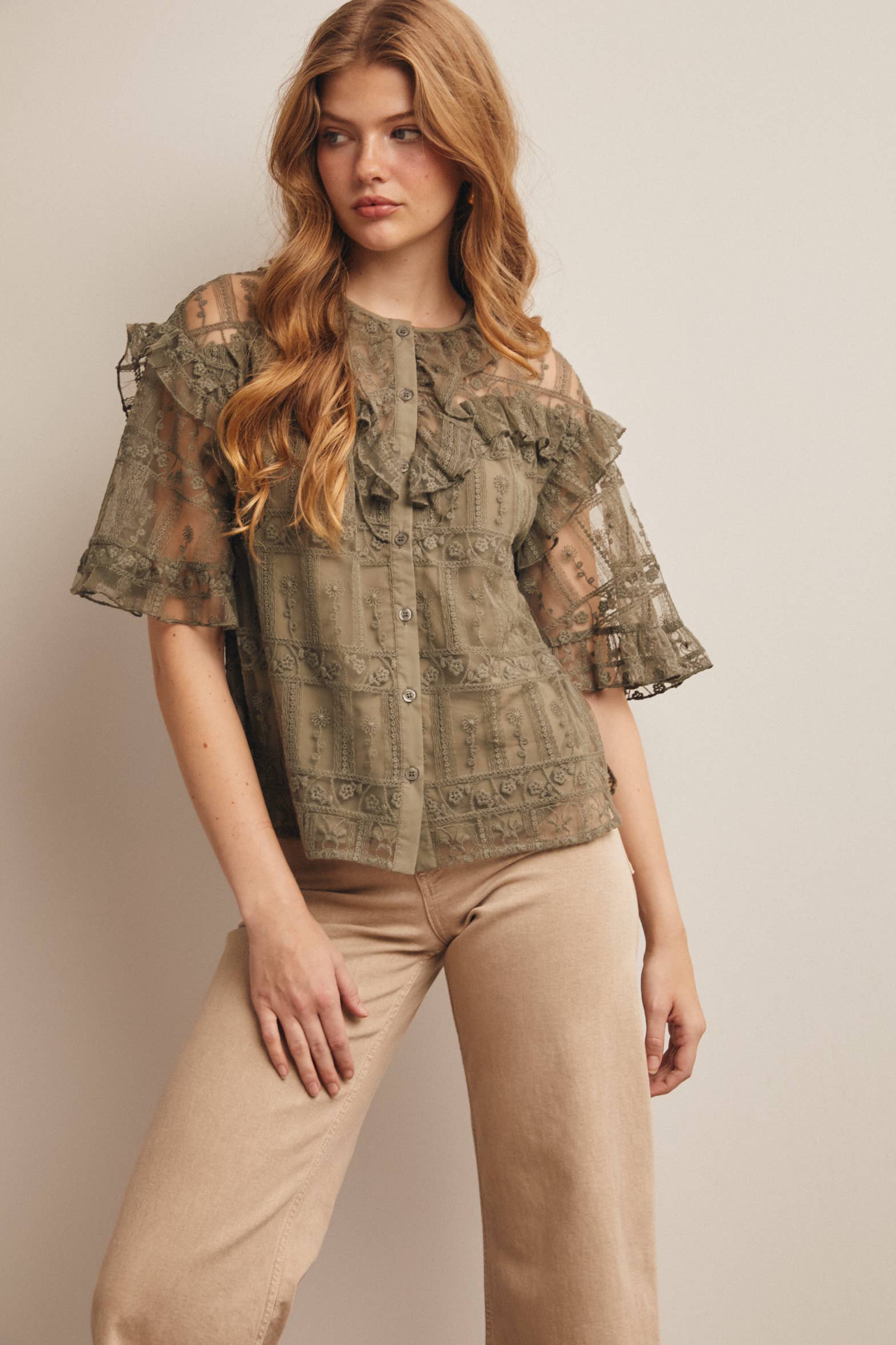 Embroidered Ruffle Lace Blouse - 926 West