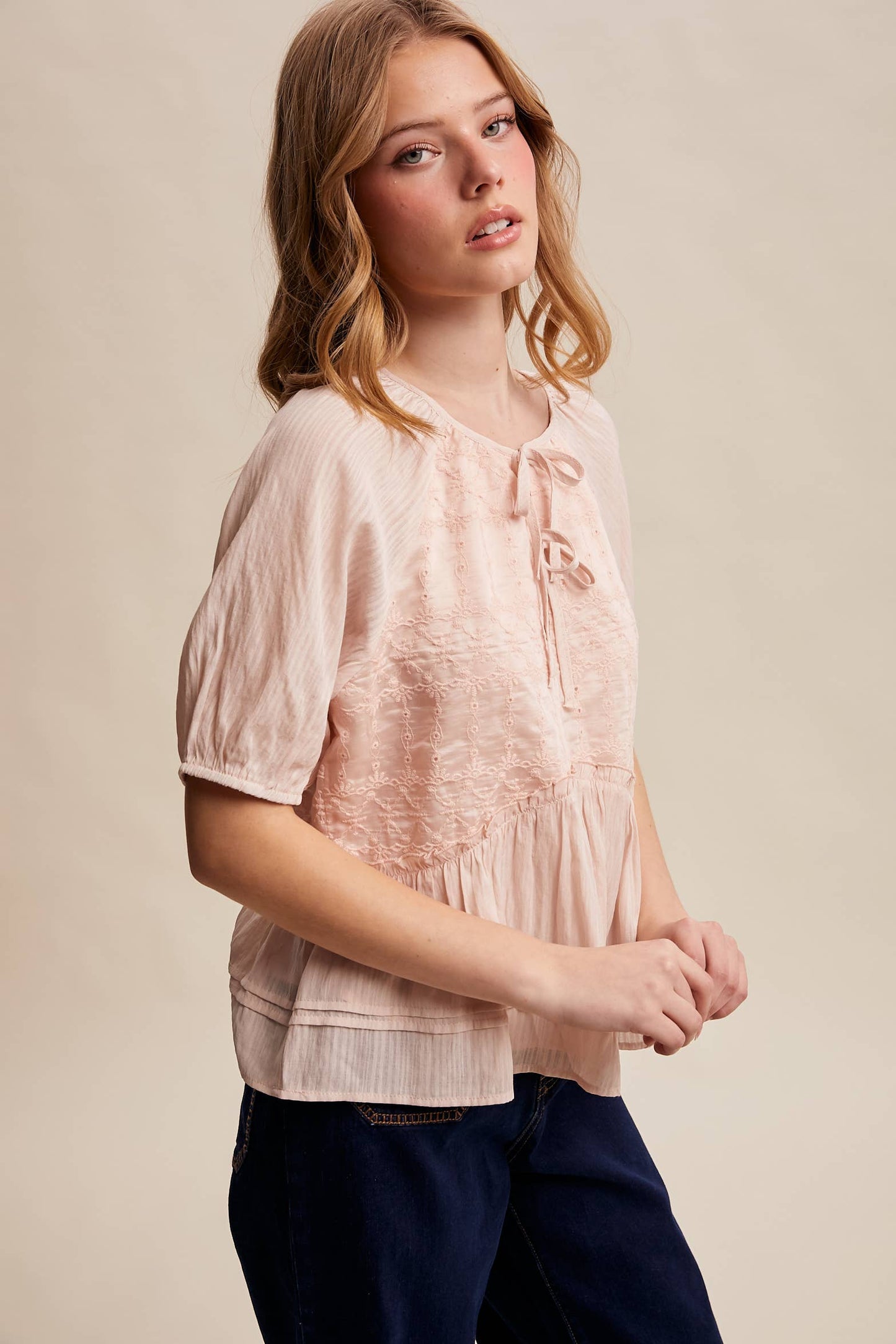 Embroidered Peplum Tie-Front Top – Petal
