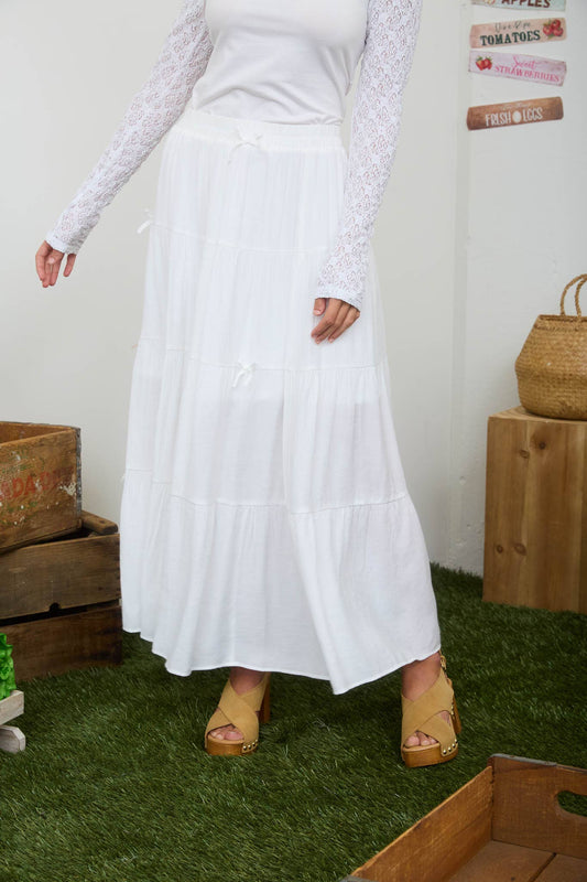 Blu Pepper Bow Ribbon Detail Tiered Maxi Skirt in Off White