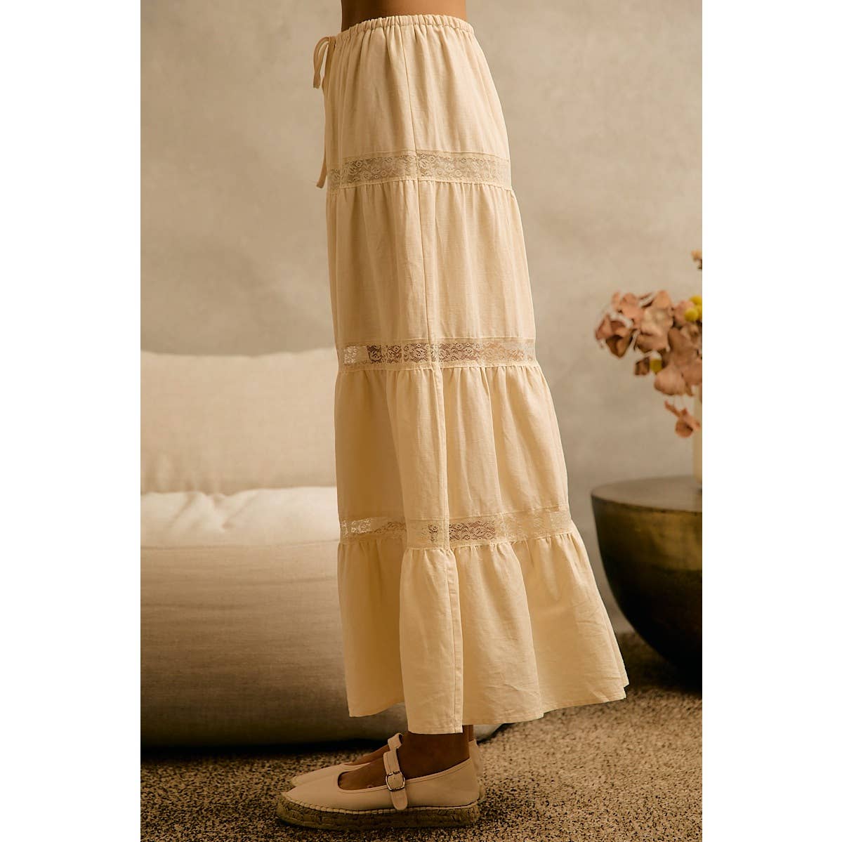 Ivory Lace-Trim Tiered Maxi Skirt
