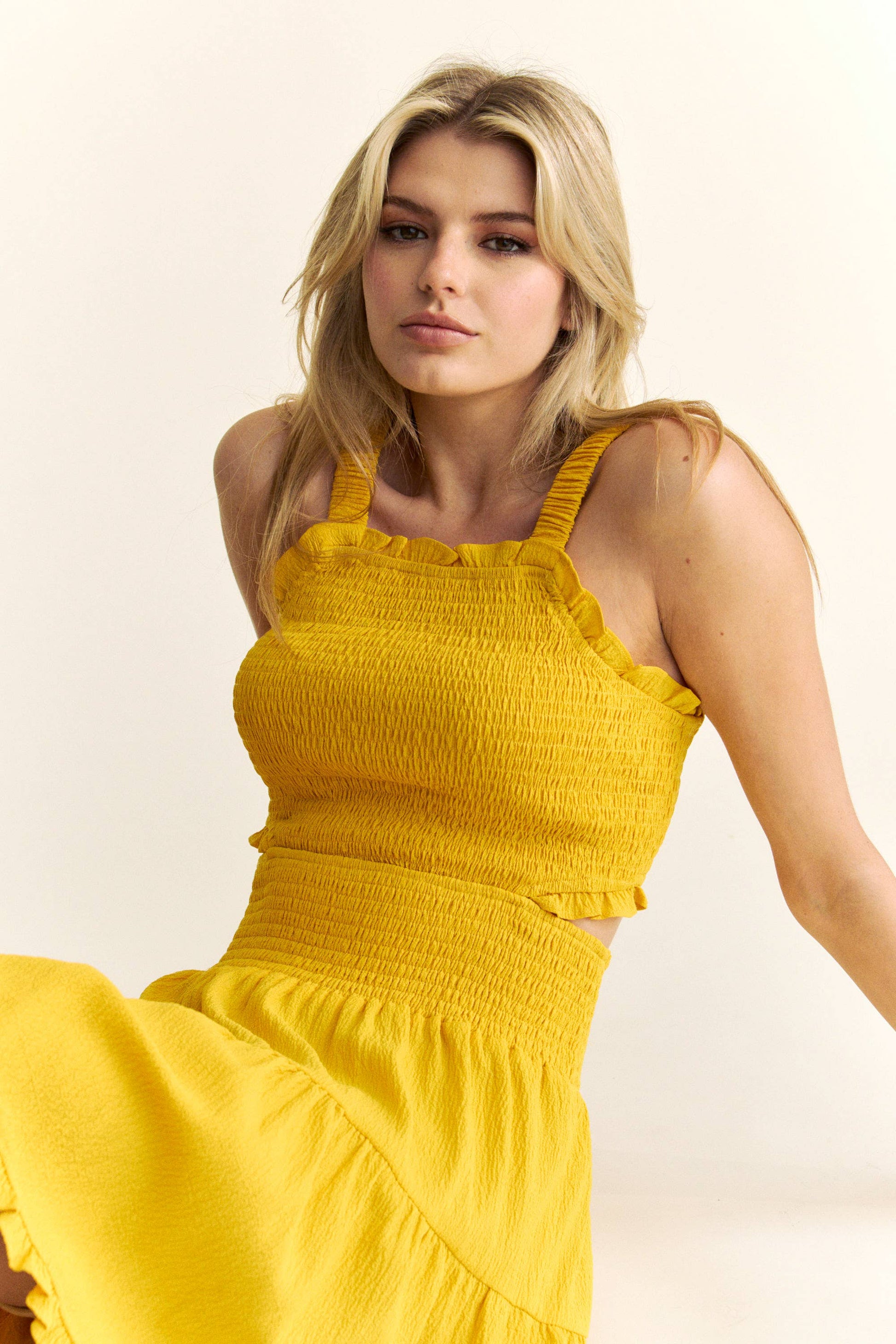 TEXTURED OPEN BACK SMOCKING CUT OUT MINI DRESS 926 WEST