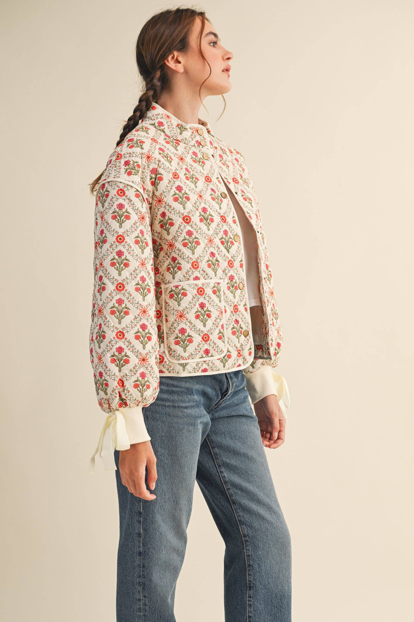 FLORAL QUILTED JACKET WITH RIBBON DETAIL MJK4431 &MERCI