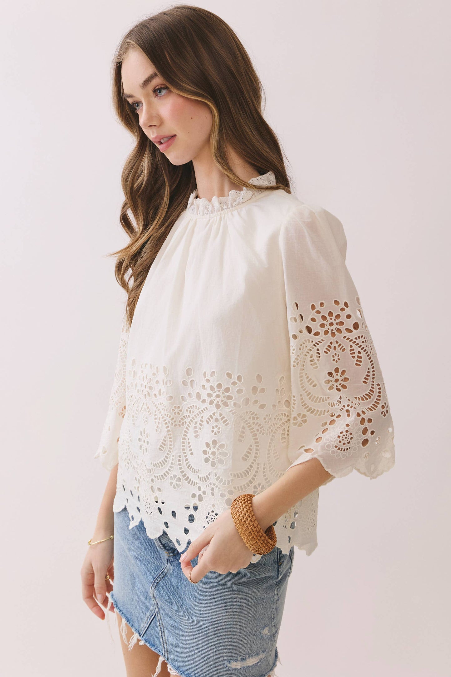 Floral Eyelet Embroidery Top - 3/4 Sleeve Ruffled Neck Blouse