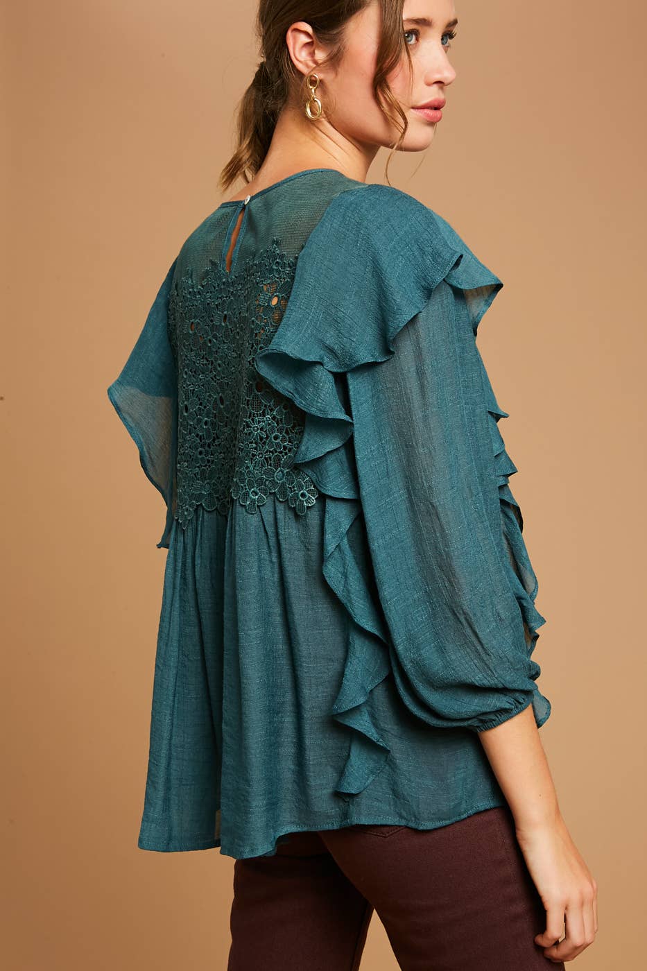 Emerald Green Floral Lace Ruffle Peasant Blouse
