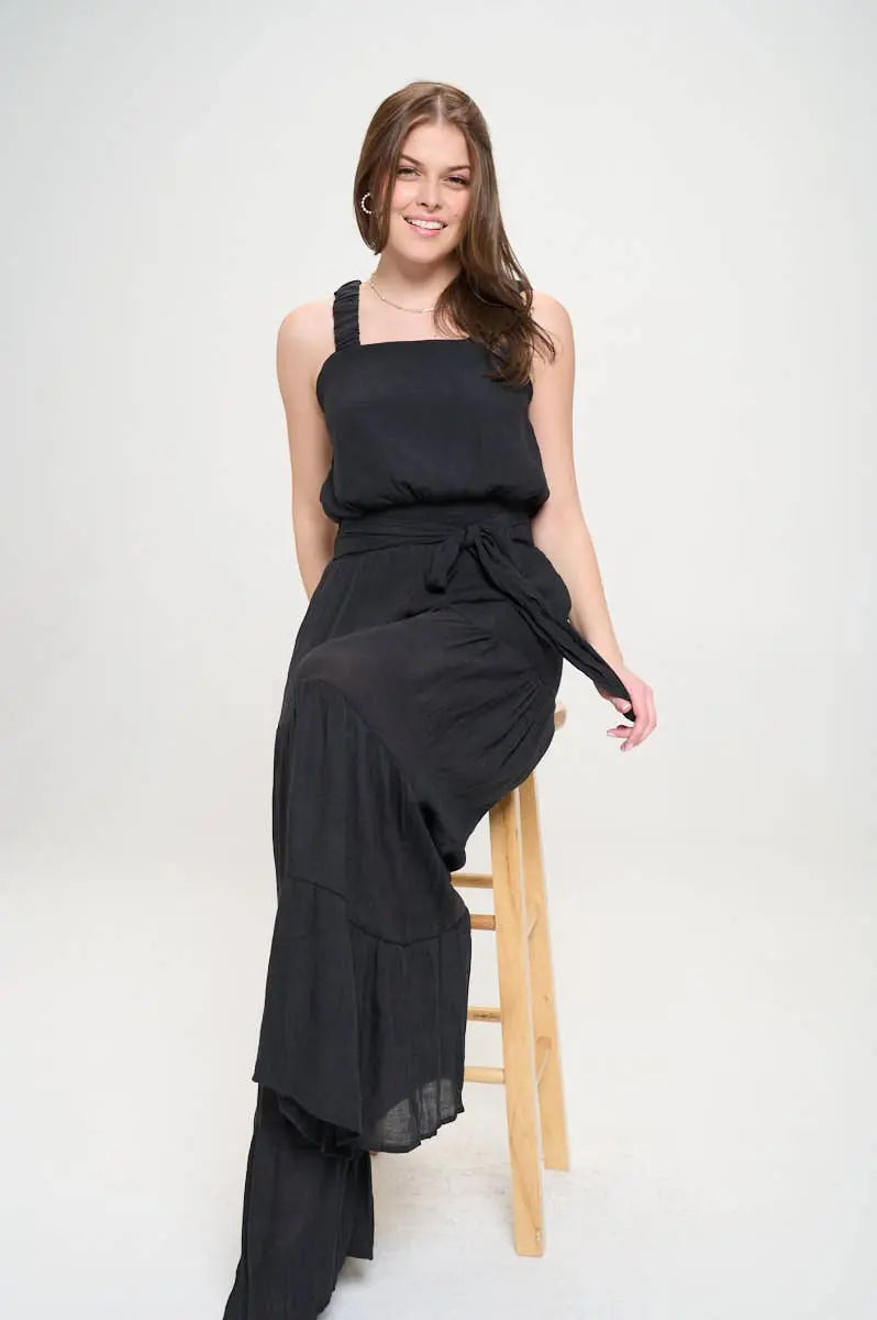 Women's Black ELASTIC STRAP TIERED JUMPSUIT 926 West