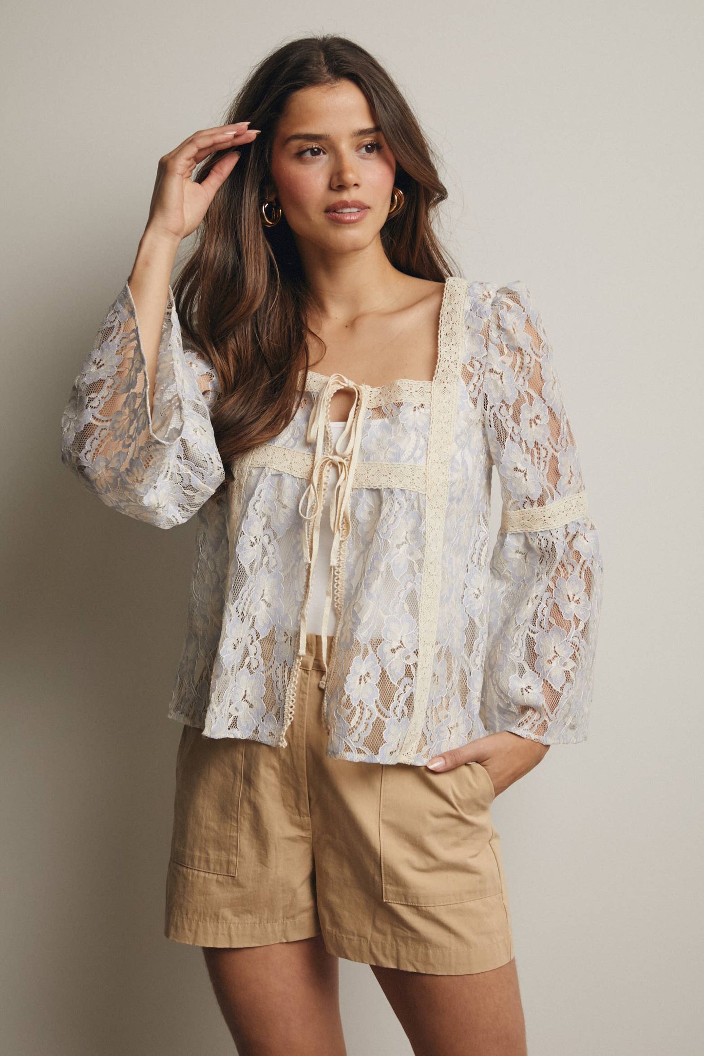 Forte - Sheer Lace Tie-Front Bell Sleeve Blouse - 926 West