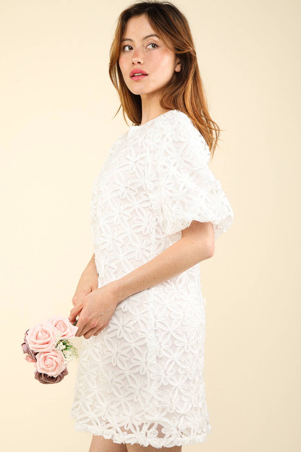 VERY J- 3D Floral Texture Organza Puff Sleeve Mini Dress - 926 West