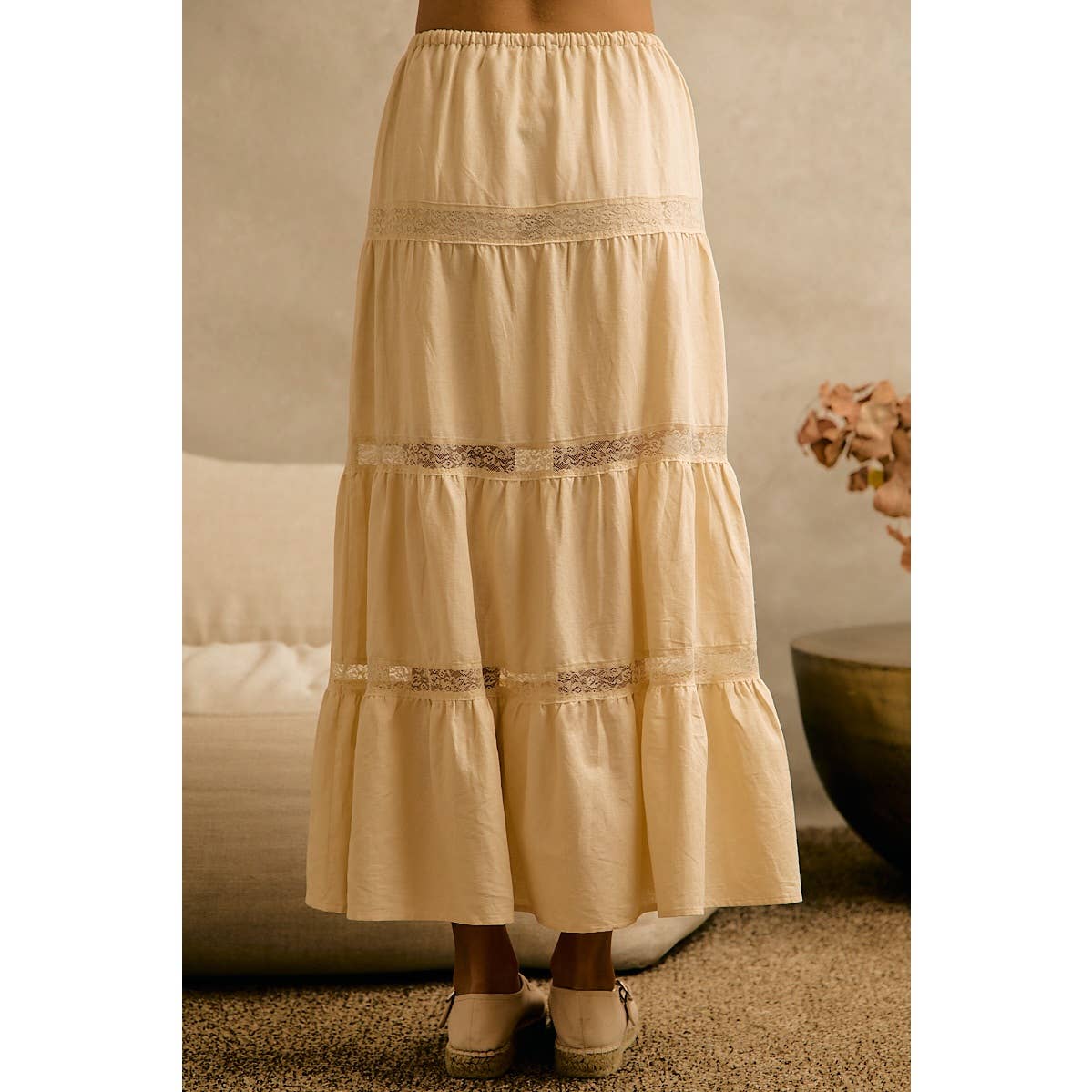Ivory Lace-Trim Tiered Maxi Skirt