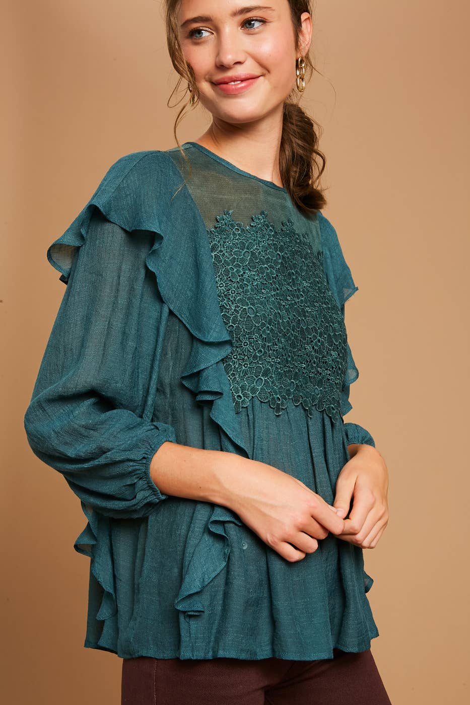 Emerald Green Floral Lace Ruffle Peasant Blouse