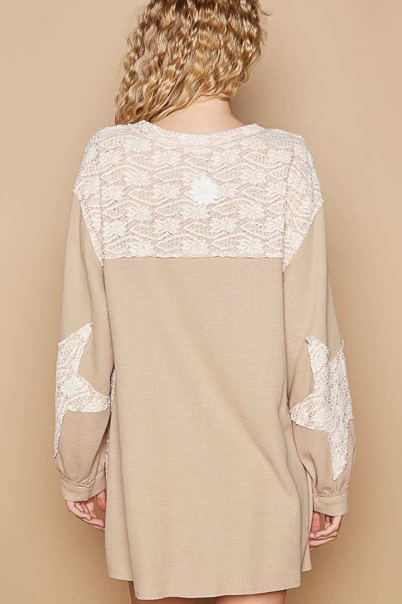 Round neck long sleeve crochet patches solid top 926 WEST