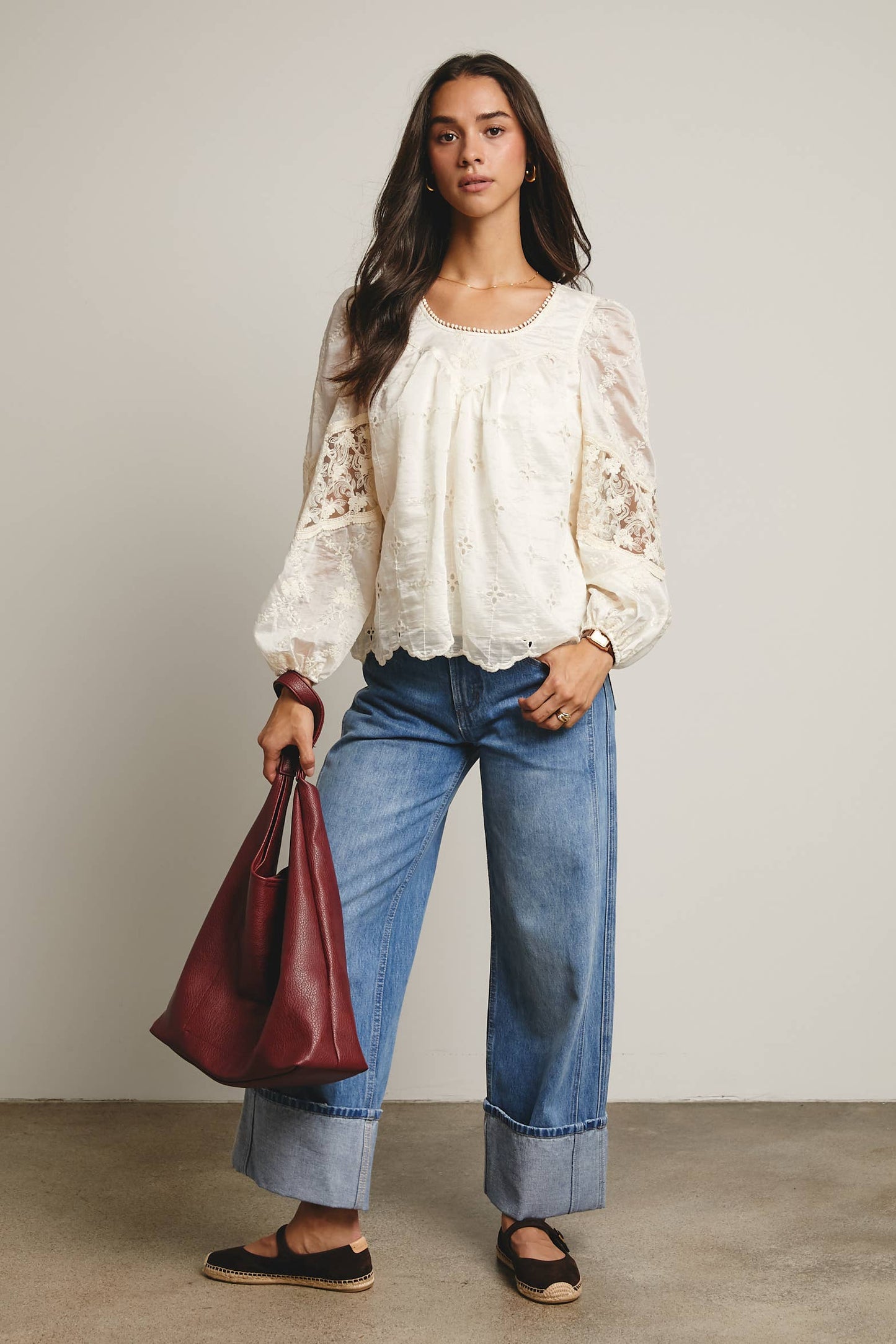 Forte - Embroidered Lace Puff Sleeve Blouse